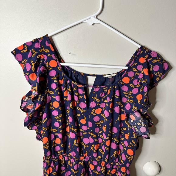 Fossil Dress Small Navy Ruffle Sleeve Orange Purple Plums Flowers Minidres Rayon - Picture 6 of 9